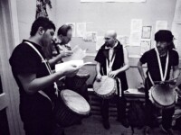 Rehearsal for performance of The Blacksmith in Leazes Park, Winter Solstice 2002